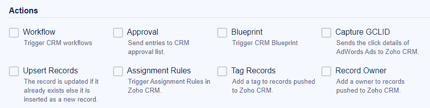 zoho actions, zoho work flow, zoho approval, zoho blueprint, zoho capture GCLID, Zoho Upsert Records, Zoho Assignment Rules, Tag Records, Record Owner