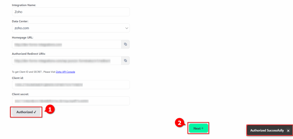 Zoho CRM Integration with Forminator Forms - Authorization