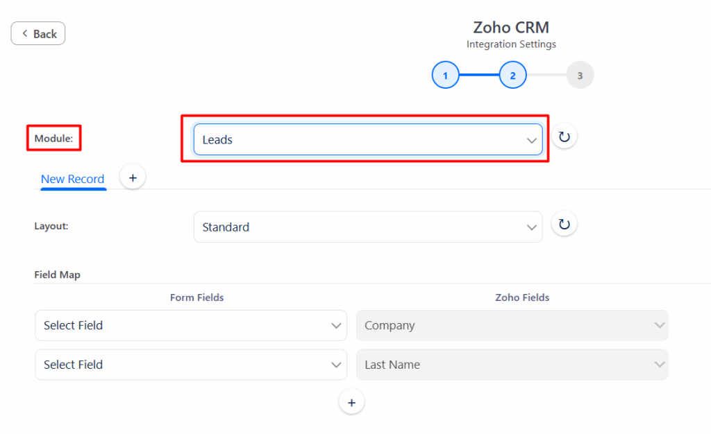 Zoho CRM Integration with Forminator Forms - Choose Module
