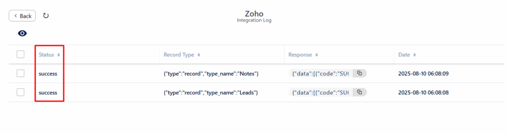 Zoho CRM Integration with Forminator Forms - Integration Log